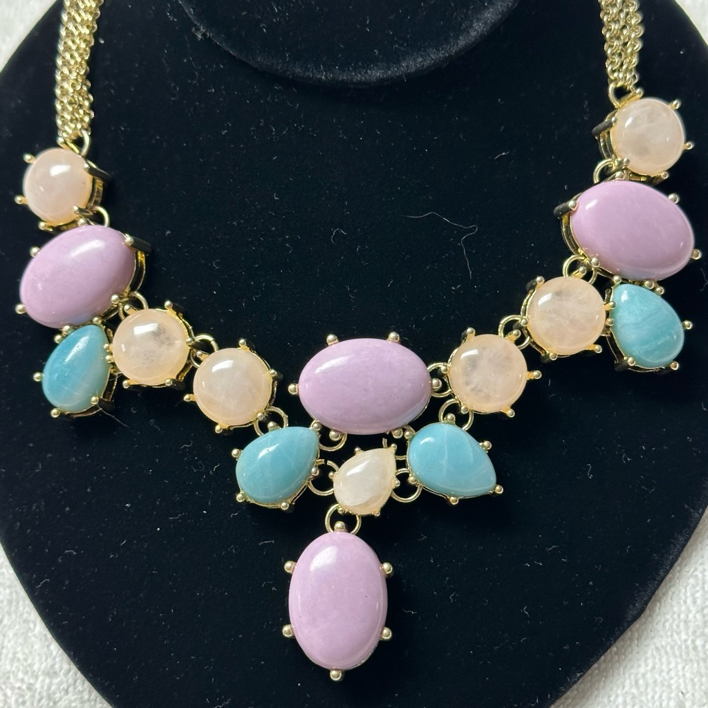 Elegant Gold Tone And Pastel Gemstone Bib Necklace Sheila Fajl 99$